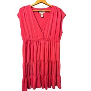 Oleg Cassini  Womens Pink Cap Sleeve Tiered Dress V Neck Size XL Slinky Knee